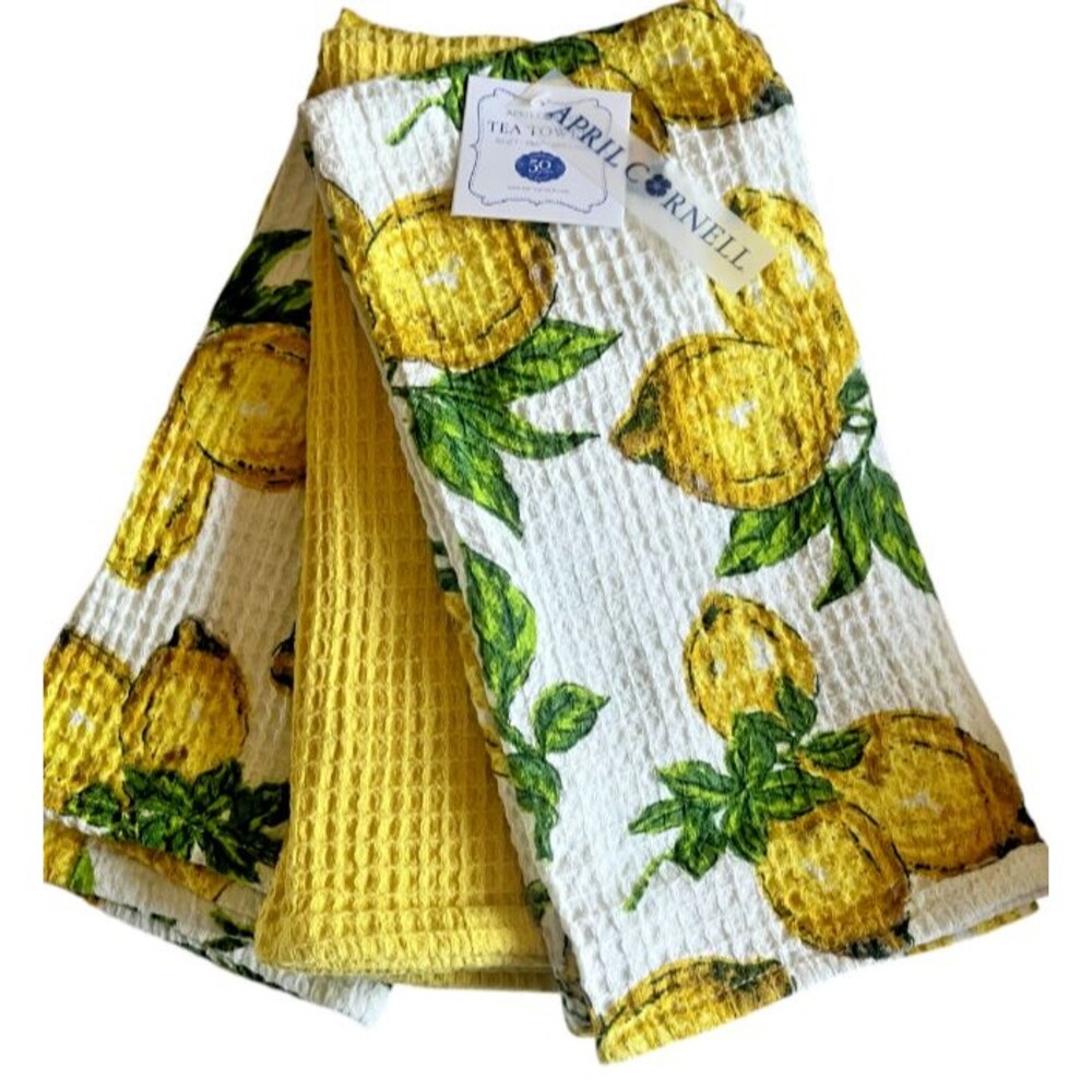 April Cornell Lemons Kitchen Dish Towels Set of 3 Waffle Weave Shabby Chic Lemon
